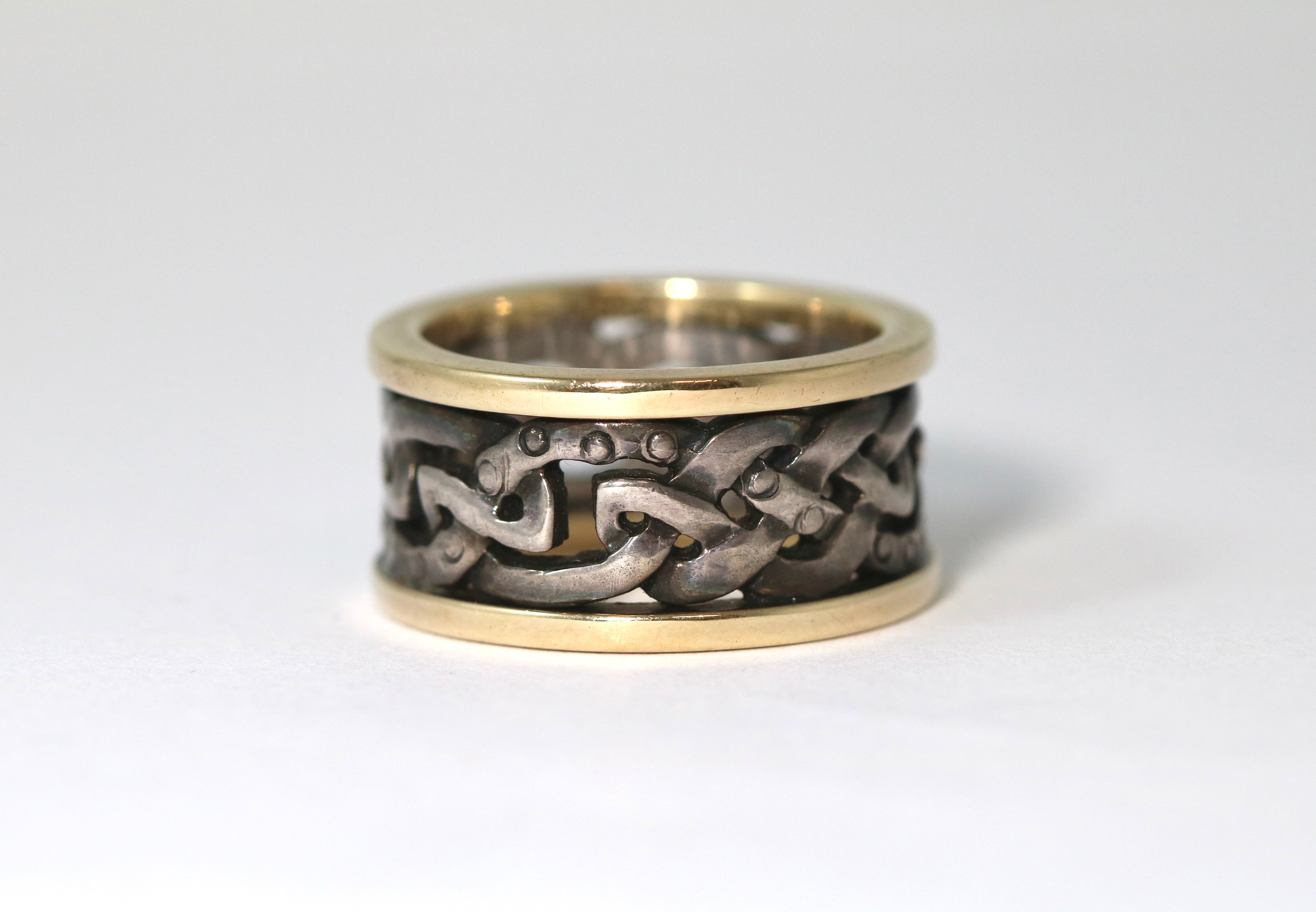 Gold and Oxidized Sterling Silver Wide Lindisfarne Celtic Knot Ring