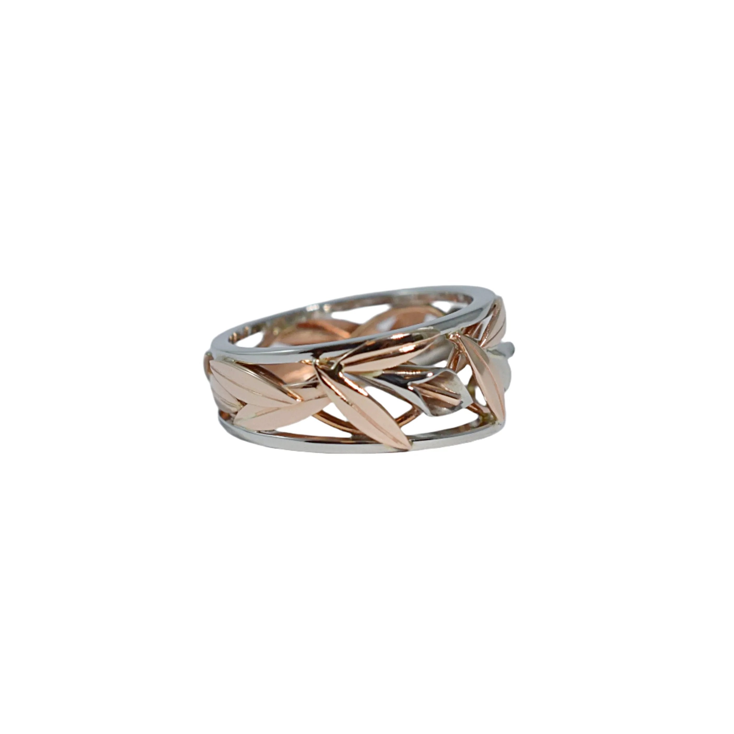 White and Red Gold Wide Tapered Calla Lily Ring