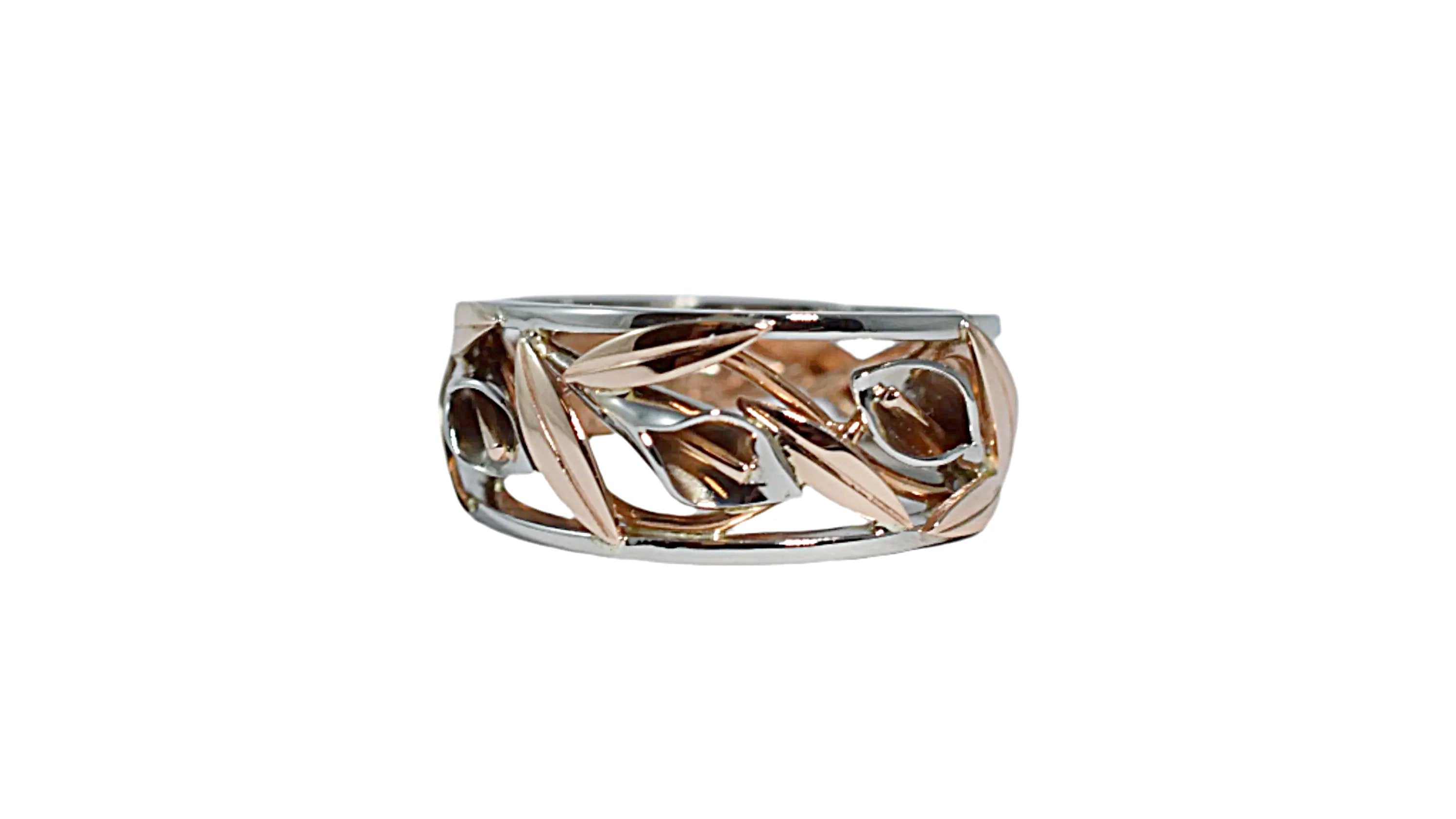 White and Red Gold Wide Tapered Calla Lily Ring
