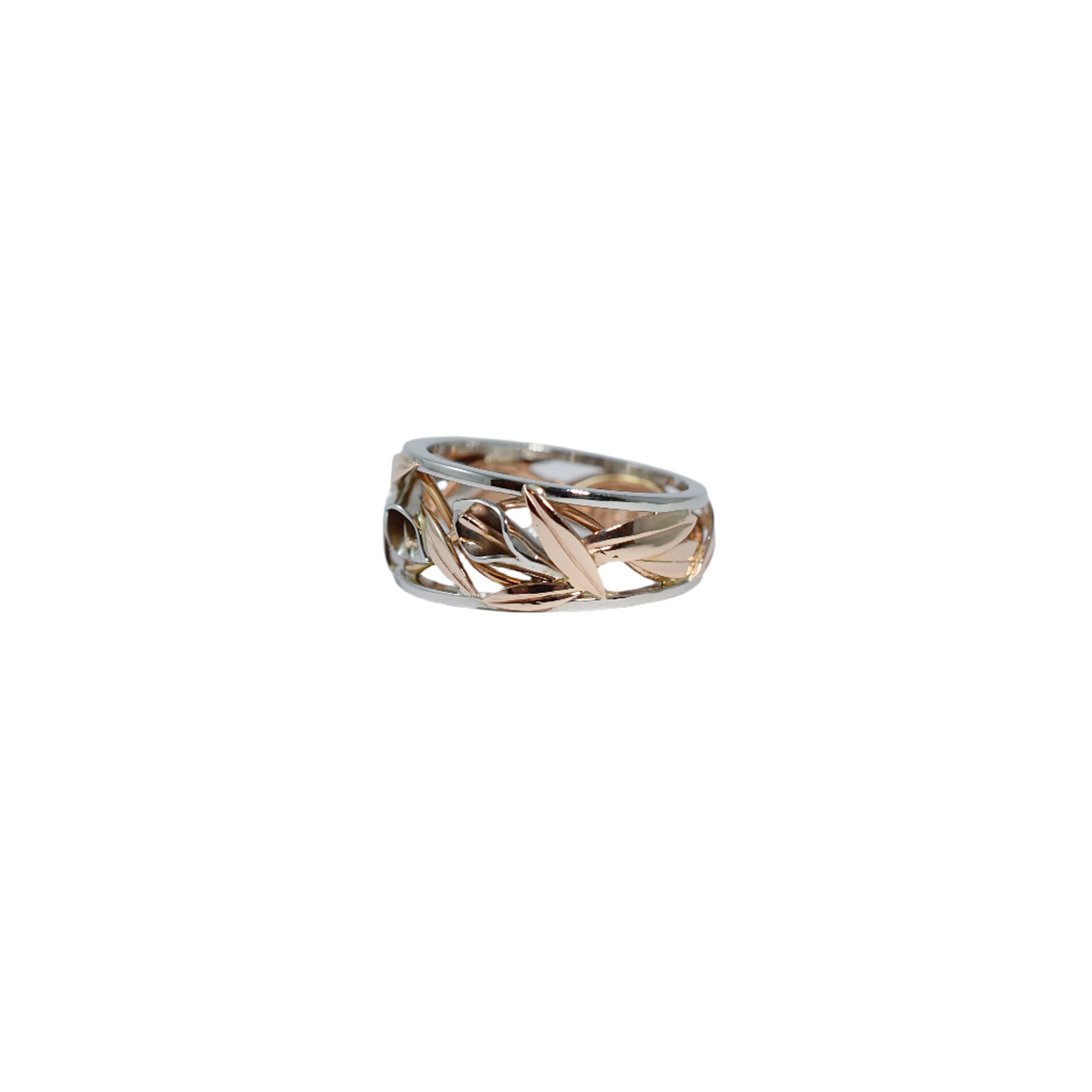 White and Red Gold Wide Tapered Calla Lily Ring