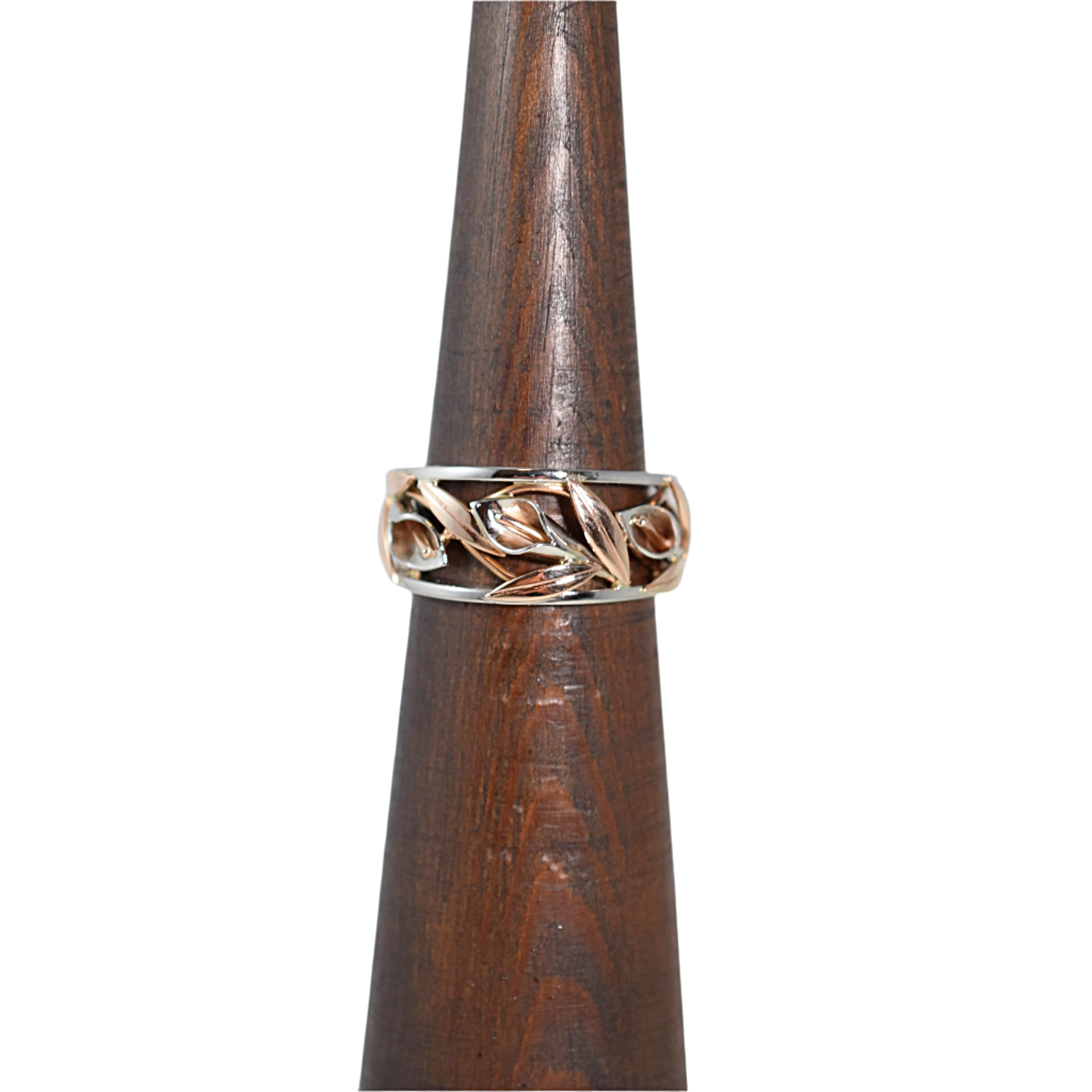 White and Red Gold Wide Tapered Calla Lily Ring