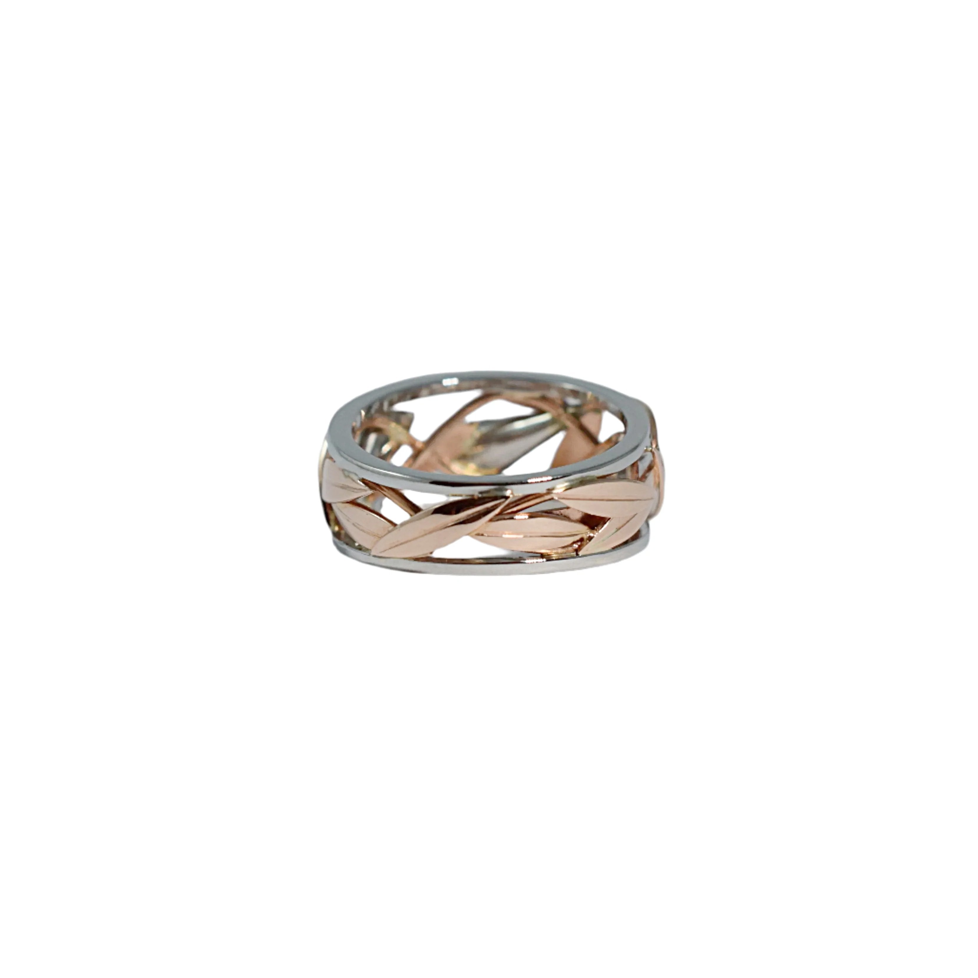 White and Red Gold Wide Tapered Calla Lily Ring