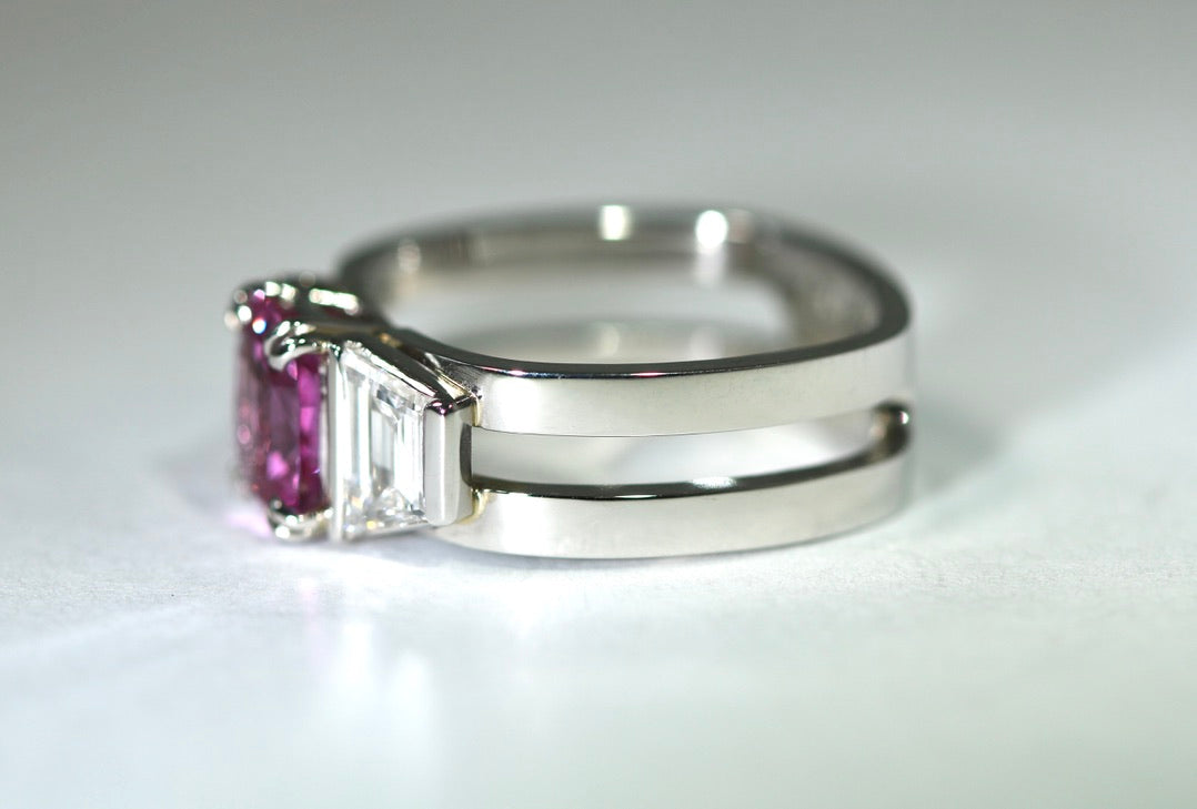 Pink Sapphire & Diamond Split Shank Ring
