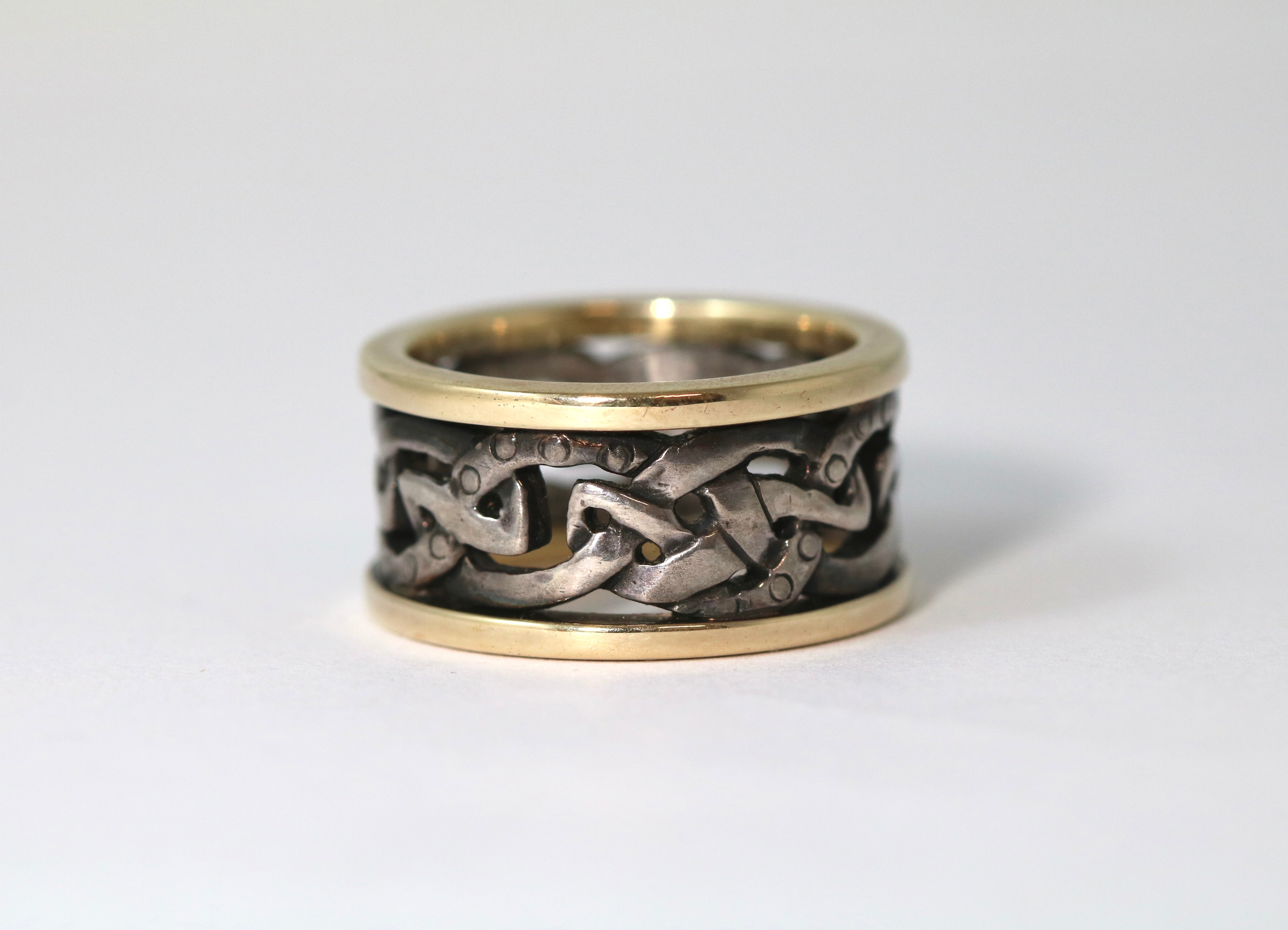 Gold and Oxidized Sterling Silver Wide Lindisfarne Celtic Knot Ring